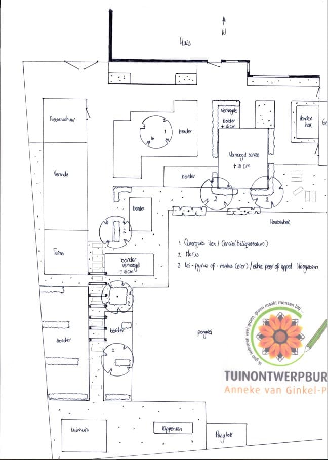 Een met de hand getekende tuinplattegrond met veranda, terras, borders, een fietsenschuur en een ponyweide
